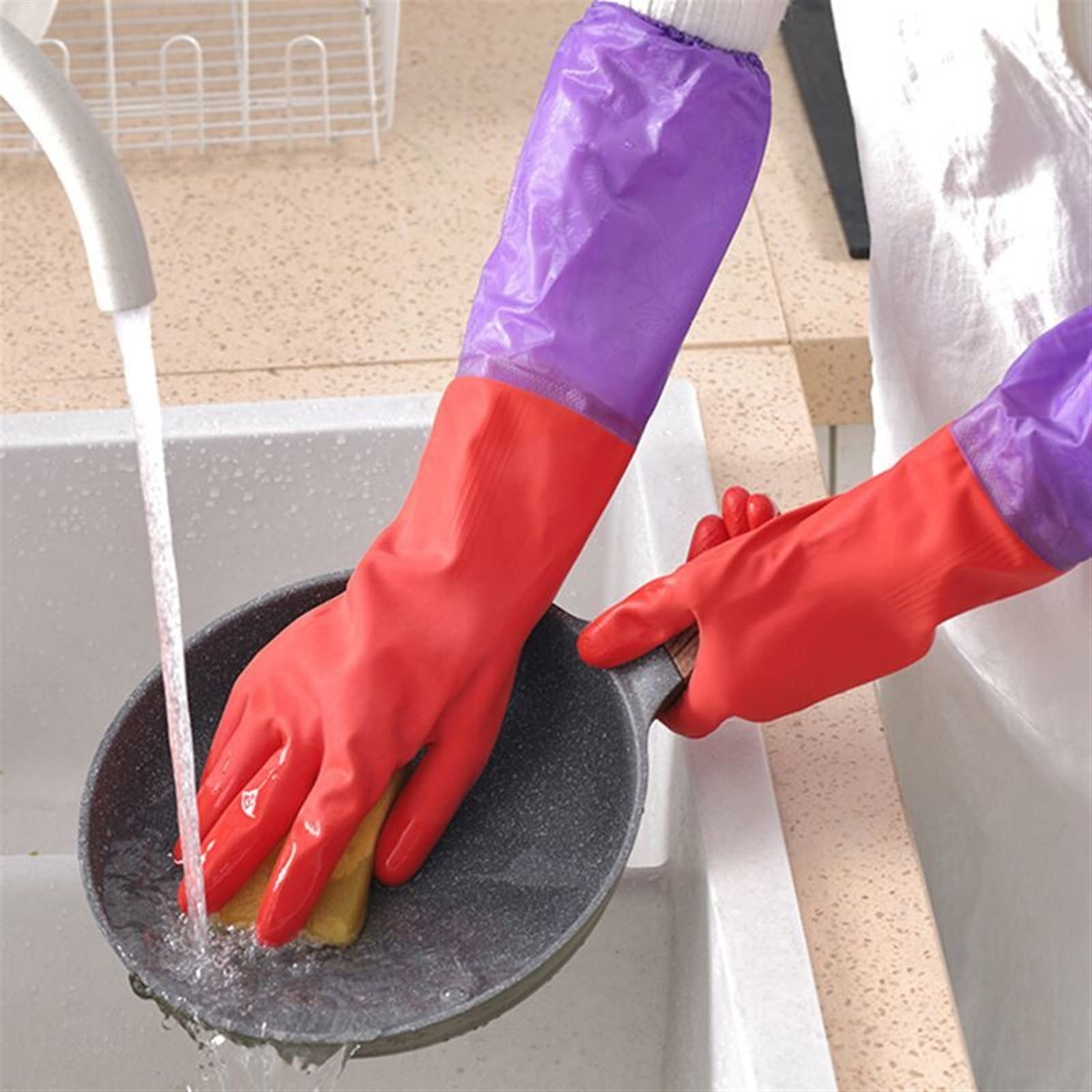 Guantes domésticos de lavado de caucho impermeable Dishwashing Gloves Rubber Plastic Household Cleaning Kitchen Durable Waterproof Latex(Rosso)