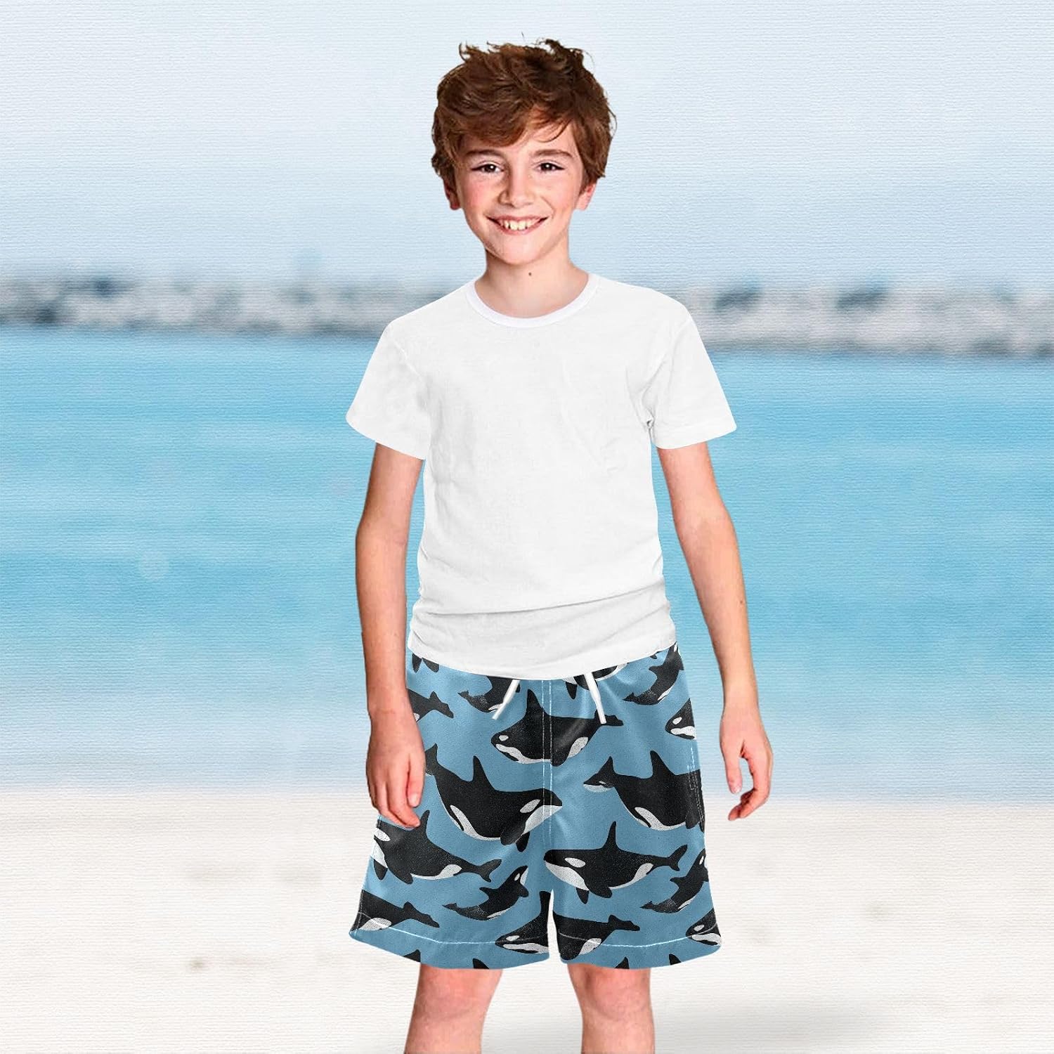 visesunny Blue Orca Boys Swim Trunks Quick Dry Drawsting Boy's Beach Shorts Boy Bathing Suit with Pockets