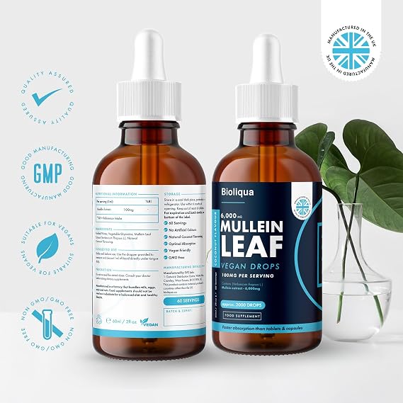 Mullein Leaf Liquid Drops - 60ml - 2 Month Supply - High Strength - Vegan - 60 Servings - Premium Mullein Leaf Extract - 6,000mg per Bottle - Fast Absorption - UK Made by Balance (1x Pack)