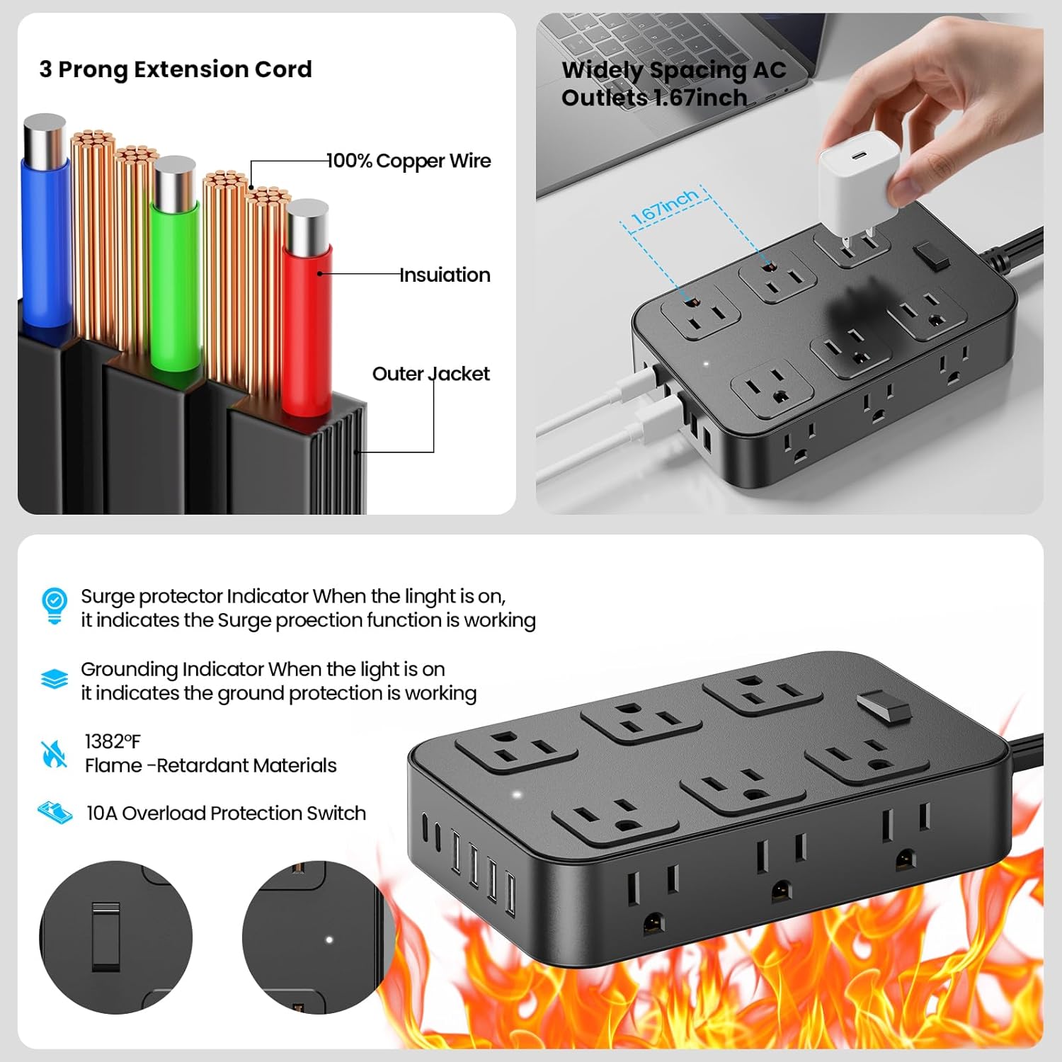 Flat Plug Power Strip Surge Protector with 12 AC Outlets 6 USB Ports 3 Side Multi Plug Outlet Extender 15 Ft Extension Cord for Home Office Kitchen Dorm Wall Desk Charging Station ETL Listed