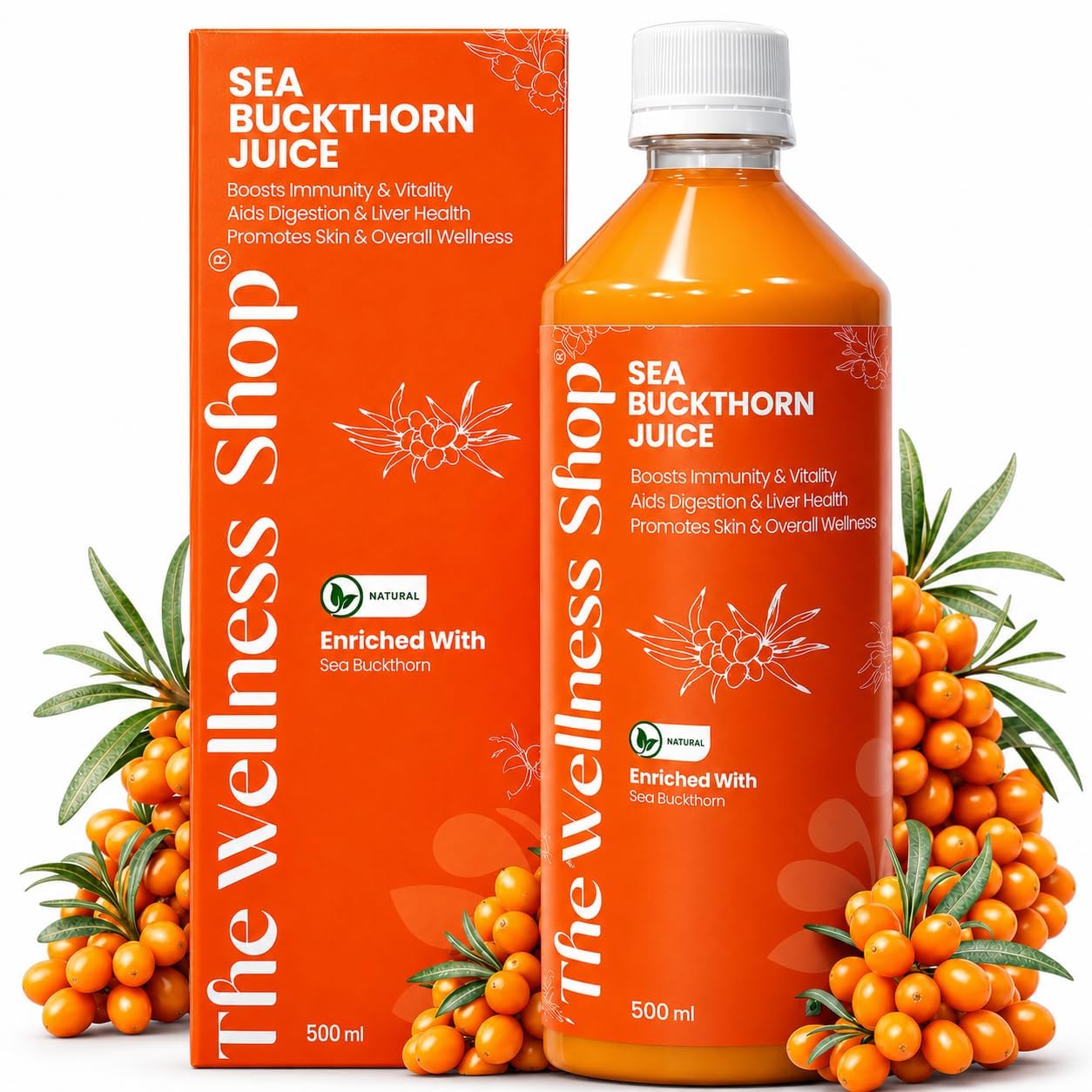 The Wellness Shop Himalayan Sea Buckthorn Juice 500ml | Cold Pressed Seabuckthorn Berry Pulp Concentrate | Supports Immunity, Skin Glow and Gut Health | Natural Vitamin C, Omega 3 6 7 9, Antioxidants