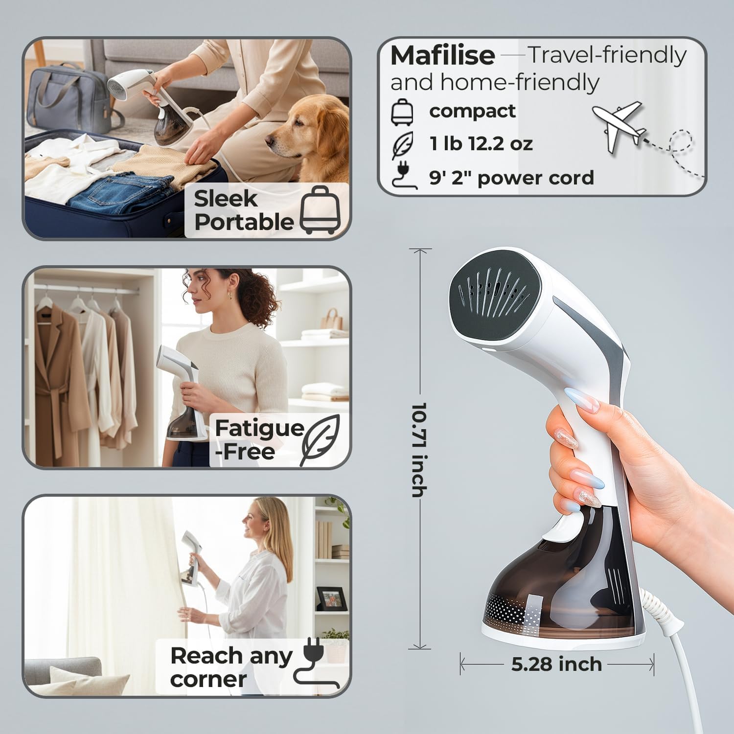 Steamer for Clothes, 20S Heat Up, 1500W & 3 Steam Settings, Ceramic Soleplate with 13-Vent, 2-in-1 Clothing Iron Wrinkle Removal for All Fabrics, Portable & Travel-Ready