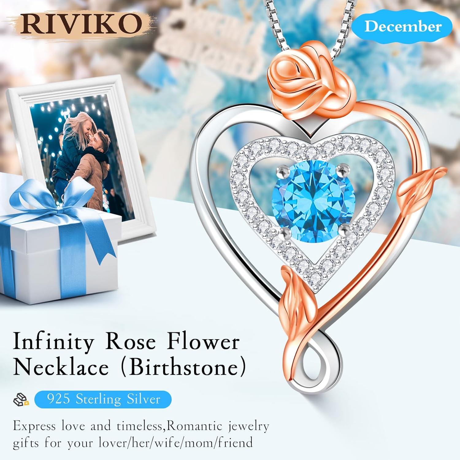 RIVIKO Infinity Heart Symbol Rose Birthstone Necklace for Women,925 Sterling Silver Heart Pendant Necklaces,Anniversary Valentines Jewelry Birthday Mothers Day Gifts for Mom Her Wife Women Girlfriend - Image 2