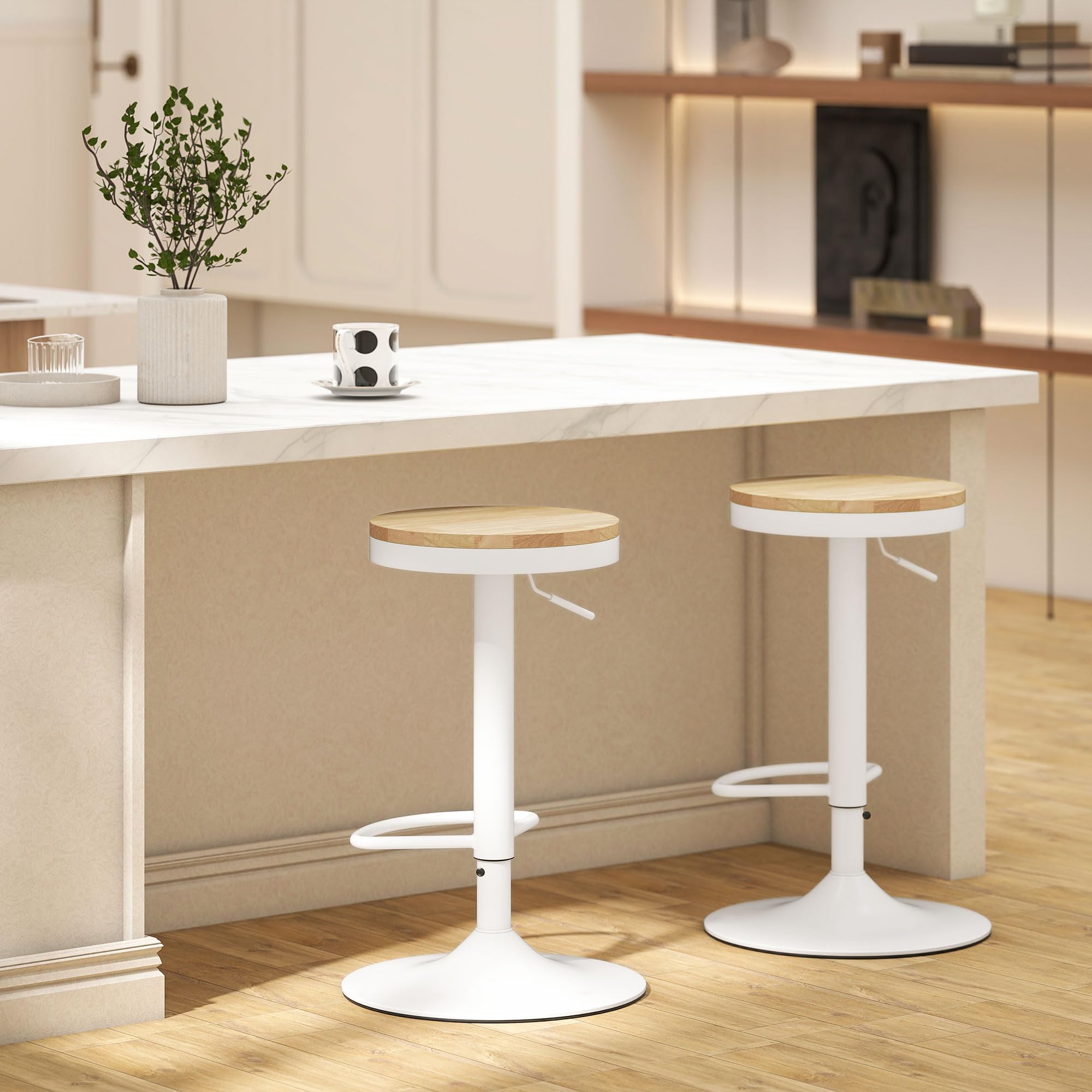 HOMCOM Juego de 2 Taburetes de Bar Giratorios Taburetes Altos de Cocina con Altura Ajustable 60-80 cm Asiento de Madera Marco de Acero y Reposapiés para Comedor Mostrador Natural y Blanco