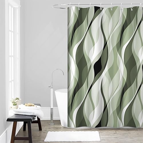 Miniatura 20 de Cortina de ducha gris, juego de cortina de ducha moderna abstracta a rayas negras y grises para baño, cortina de ducha impermeable blanca y gris