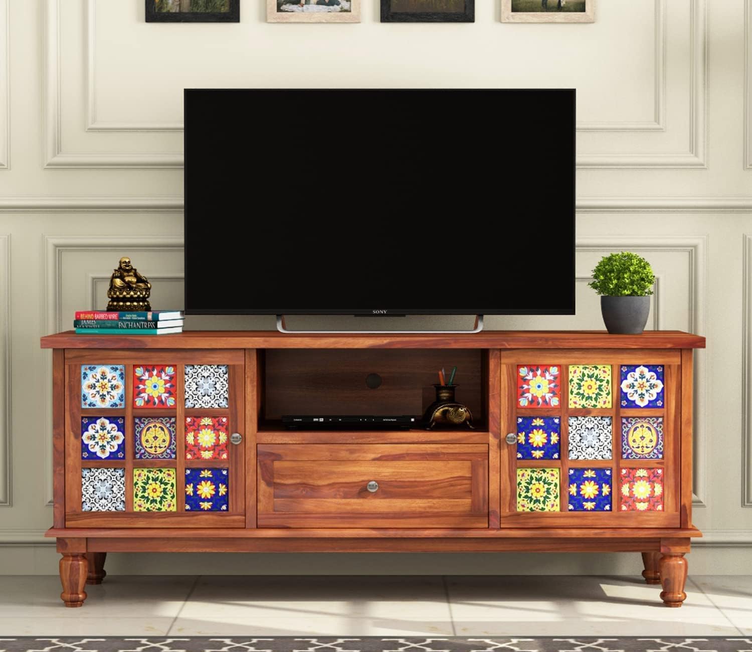 Solid sheesham Wood tv Unit 1 Drawer 2 Door Cabinet Natural Teak Finish Colour Brown 2 Year Warranty (Teak)-image-40