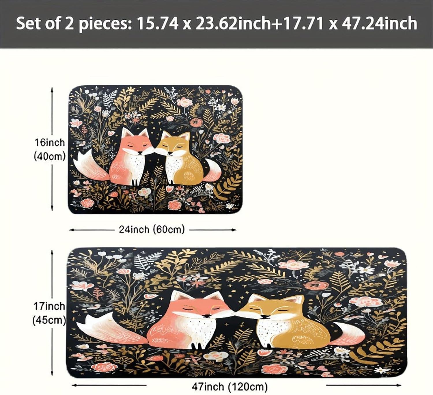 Love Cartoon Fox Kitchen Mat Outdoor Rug Area Rug | Kitchen Rug for Washable Non-Slip Breathable for in Front of Sink for Standing for Kitchen,Hallway,and Laundry Decor
