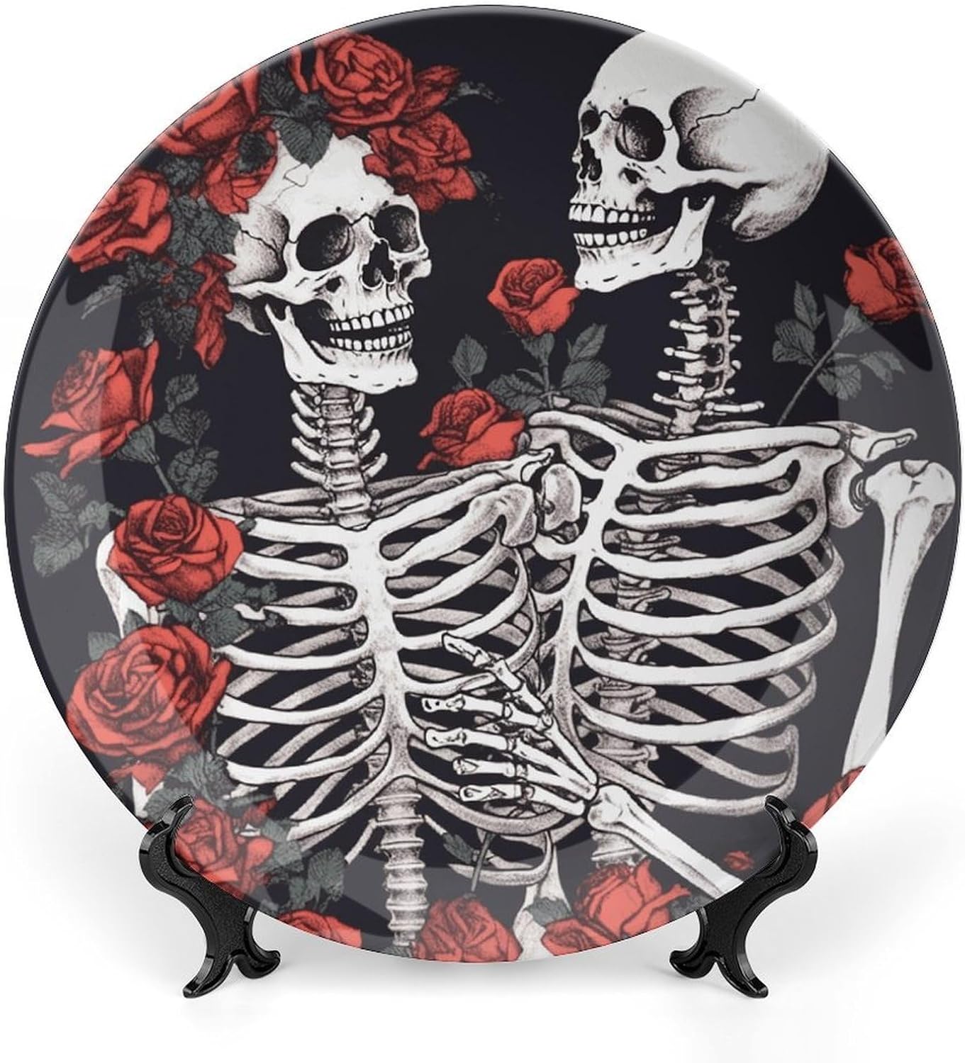Rose And Skeleton Bone China Decorative Plate with Display Stand, Ceramic Ornaments Plate for Wall Hanging, Personalized Porcelain Plates for Office, Living Room 8inch