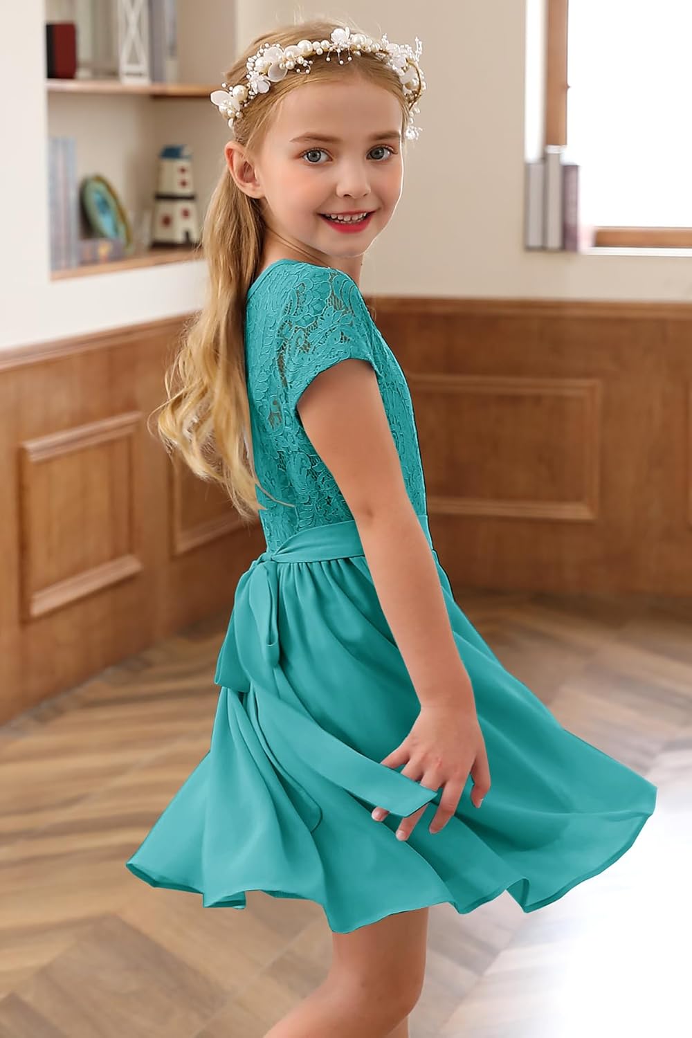 YOVION Flower Girls Dress Crew Neck Elegant Lace A-Line Formal Wedding Party Dresses for 6-12 Years - Image 7