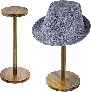 MyGift 2 Pcs Hat Stands for Display, Cowboy Retail Hat Rack Tabletop, Baseball Cap Helmet Organizer, 14 Inch Tall Premium Natural Acacia Pedestals