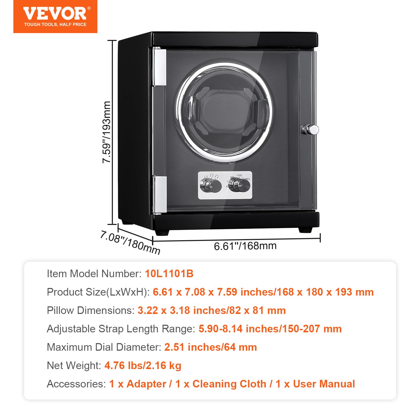 VEVOR Uhrenbeweger, Automatik-Uhrenbeweger, Watch Winder, Uhrenbeweger für Automatikuhren, Automatischer Uhrenbeweger mit Platz für 1 Uhr, LED Beleuchtung, 150–207 mm Einstellbare Riemenlänge