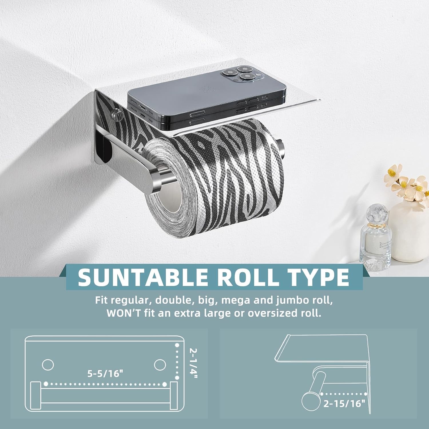 Suyar Polished Chrome Toilet Paper Holder, Toilet Roll Holder with Shelf | Bathroom, SUS304 Stainless Steel, Screw Mount