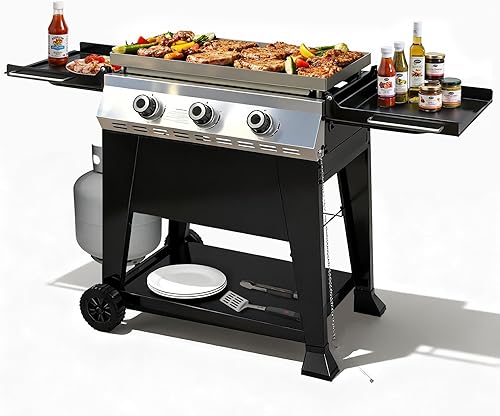 Miniatura 11 de Parrilla de gas propano 4+1, barbacoa al aire libre de 47,000 BTU con rejillas de hierro fundido esmaltado y mesas auxiliares, portátil para patio