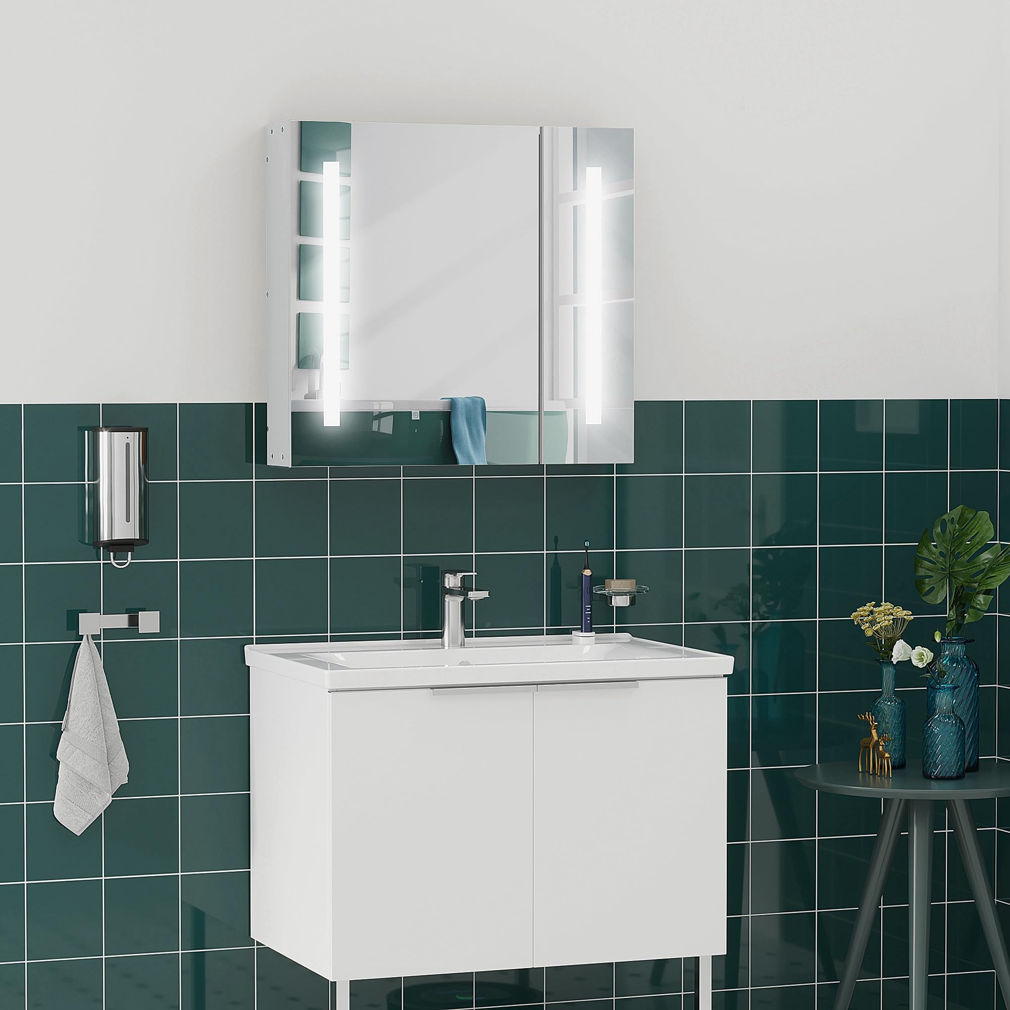 kleankin Armario con Espejo de Baño con Luz LED 70x15x65 cm Blanco | Armario de Baño Colgante, 2 Puertas, Función de Memoria, Interruptor Táctil, Estilo Moderno
