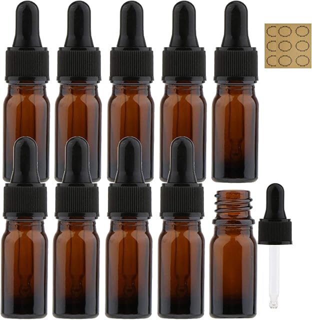 Alledomain 10Pcs, 10ml Amber Glass Bottles with Dropper Pipettes, Mini Empty Dropper Bottles Plastic Black Cap Refillable Sample Container for Essential Oil/Aromatherapy Blends/Chemical Liquid