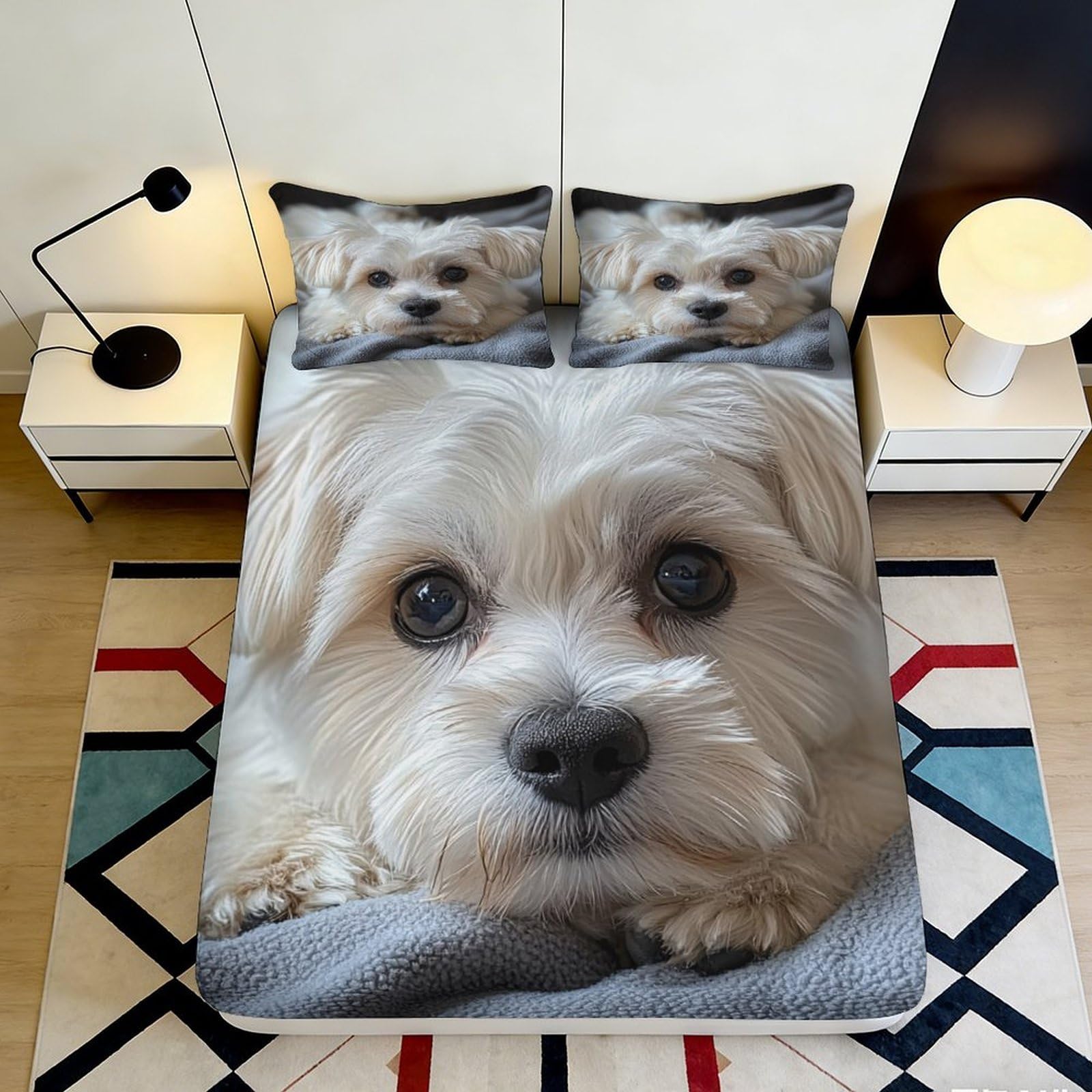 3D Printed Cute Puppy Fitted Sheet Microfiber Soft Anti-Slip Realistic Dog Face Bed Cover Bedroom Guest Room Decor 90x200x25cm