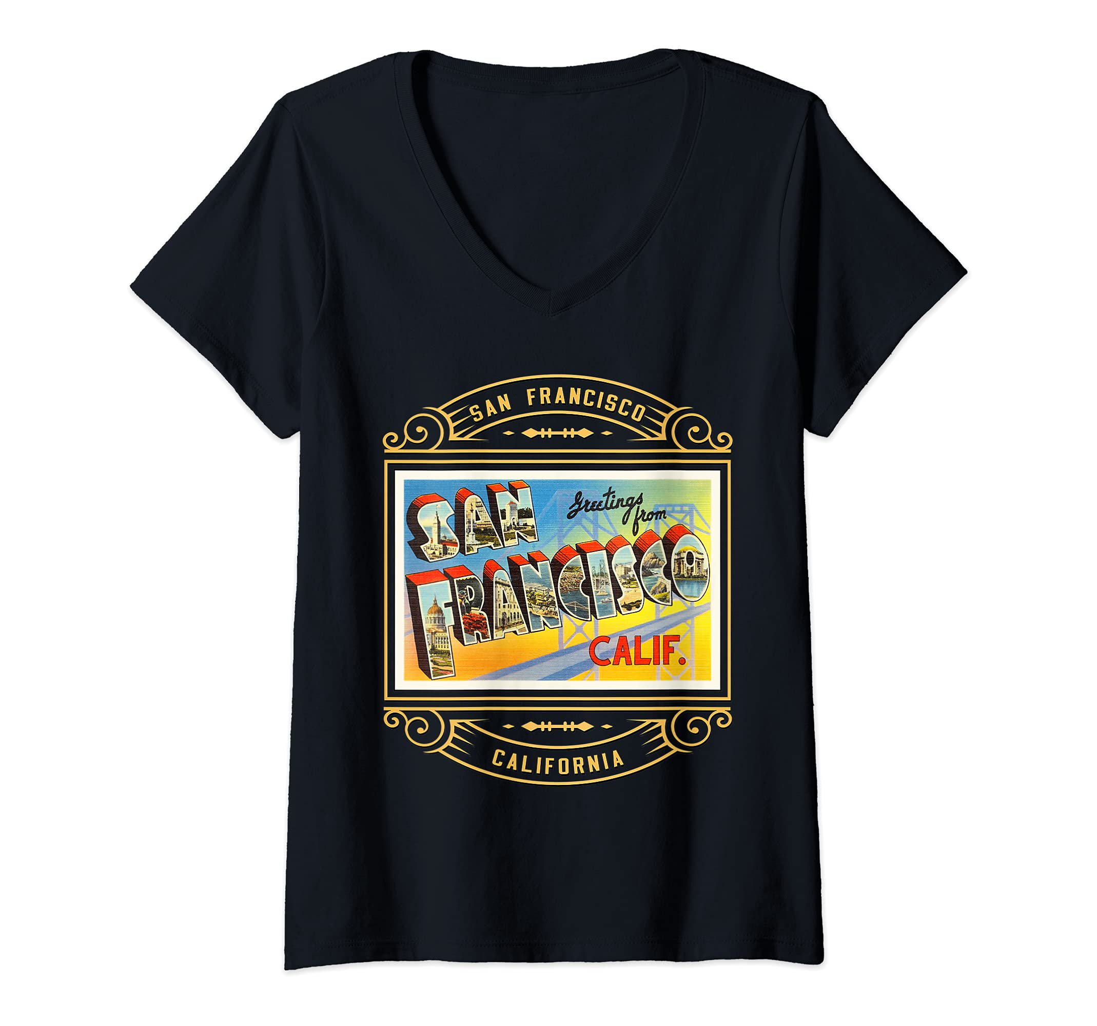 Womens San Francisco California CA Large Letter Travel Postcard 1 V-Neck T-Shirt, Black