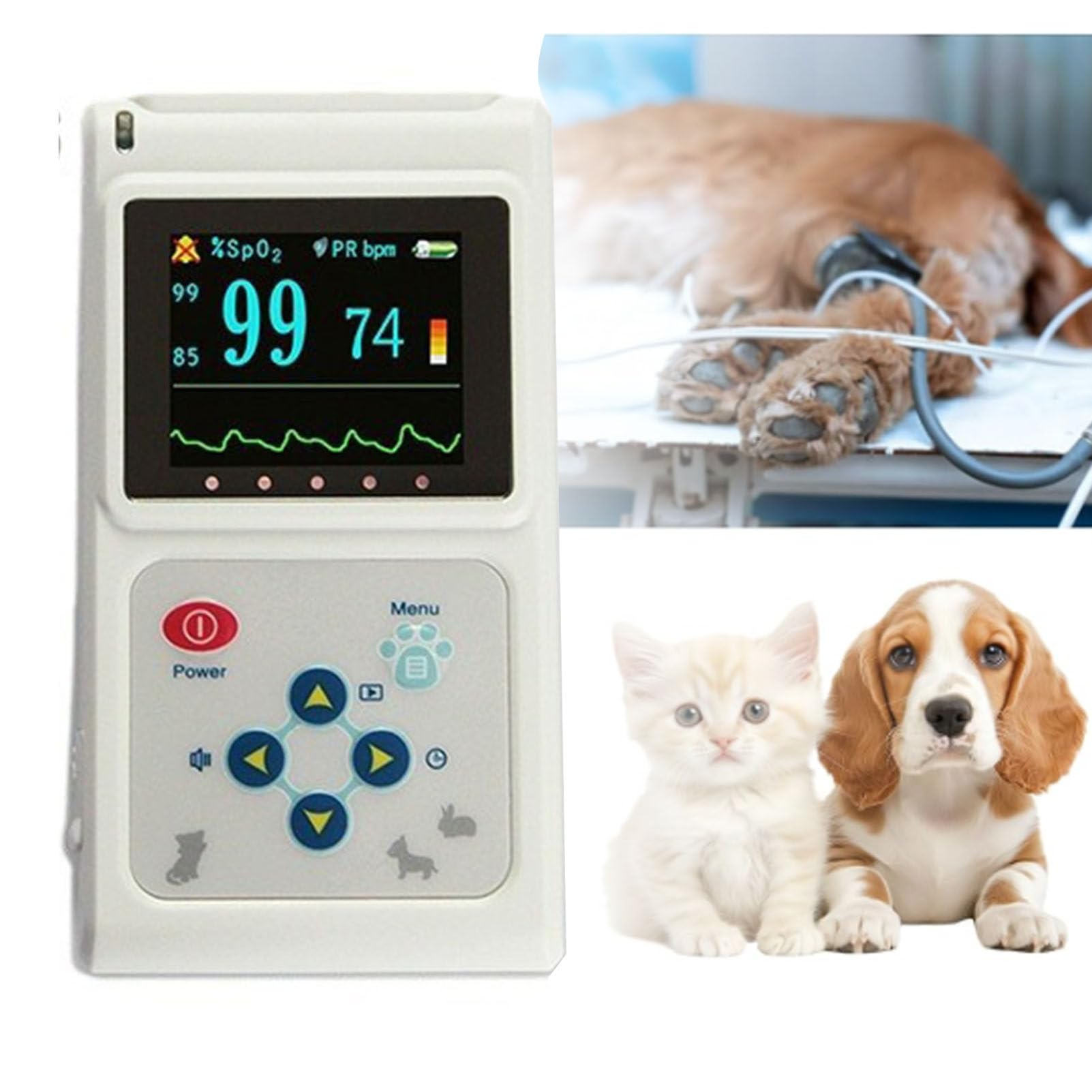 Veterinär-Pulsoximeter für Hunde, Katzen, Haustiere, Familien- und Tierkliniken, Ohr-/Zungen-SpO2-Sensor, tragbarer Pulsmesser für Tiere mit Sonde und USB-Kabel