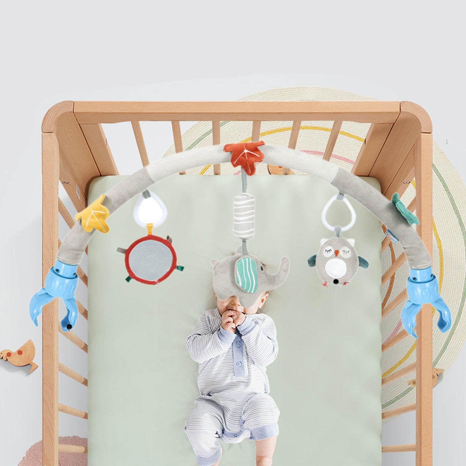 Arche de Jeu pour Poussettes, Accessoire pour Lit Bébé, Arche Suspendue Douce et Sensorielle avec Hochet pour Nouveau-nés, Ornée de Motifs de Dessins, éléphant