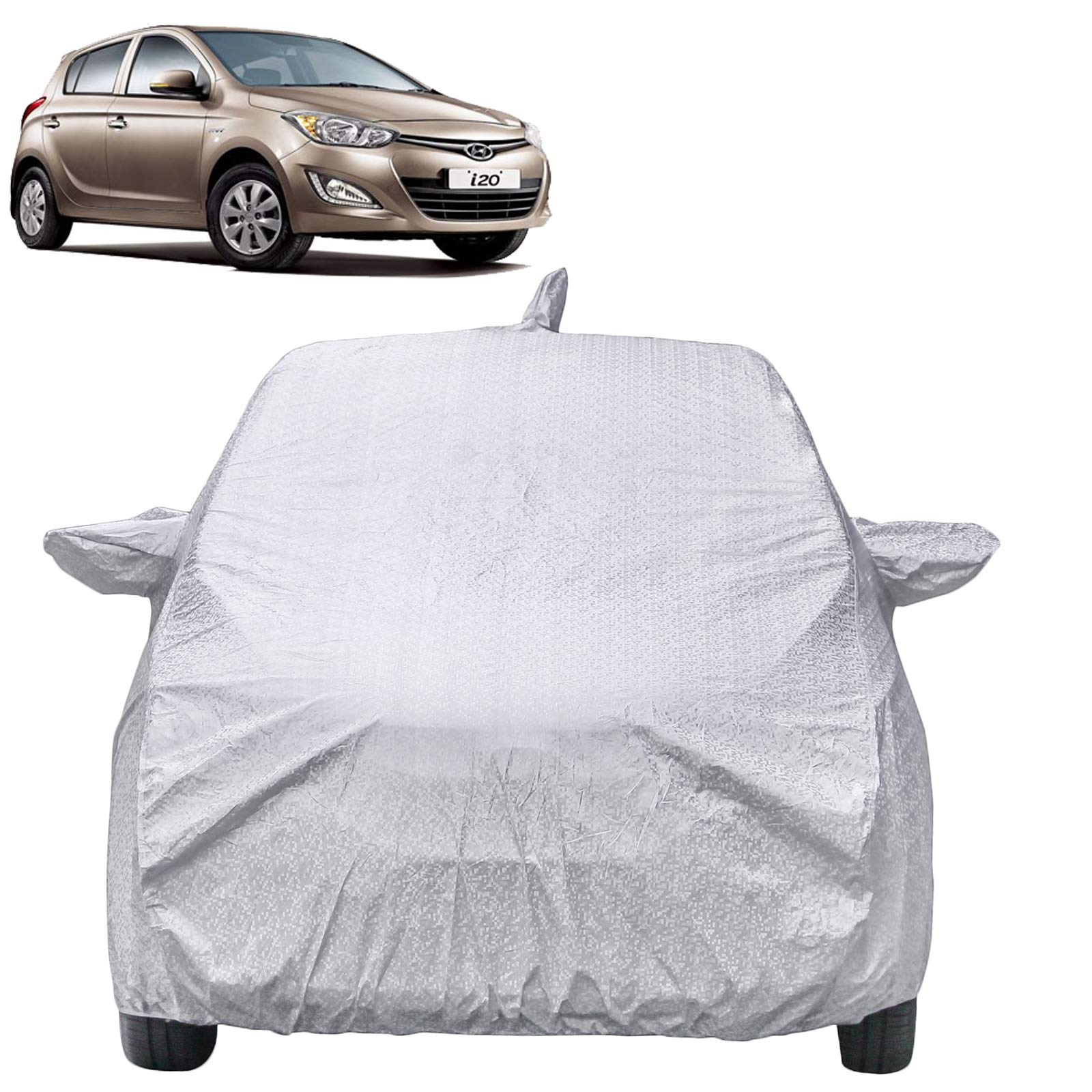 Waterproof Car Body Cover Suitable for Hyundai Old I20 Model ( 2008 to 2014 ) with Mirror & Antenna Pockets (Shinning Silver)