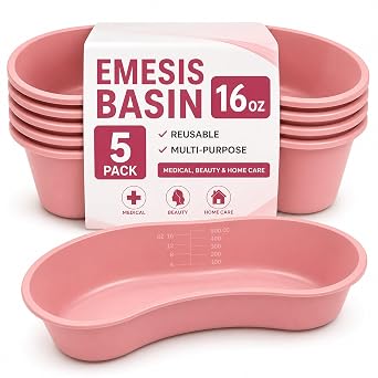 Kidney Shaped Emesis Basin 16 oz - 5 Mauve Bedside Basins for Handwashing, Brushing Teeth, Ear Irrigation, and More - Good for Hospitals, Medical Facilities, and Home Use