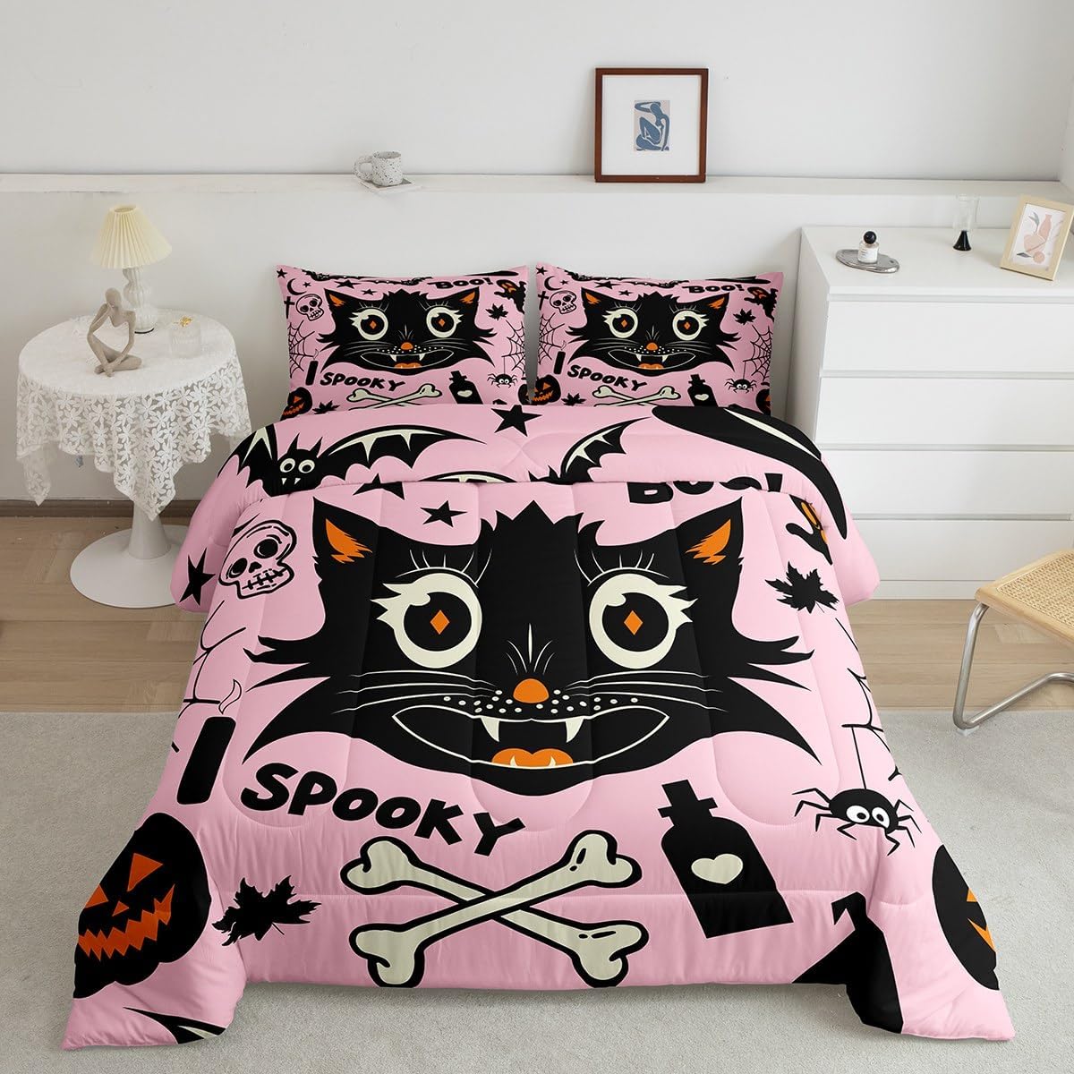 Cat Bat Pumpkin Lantern 3 Pcs Queen Size Comforter Set,Pink Watercolor Down Alternative Adults Room Decor,Halloween Cartoon Cat Ultra Soft Microfiber Inner Fill 3Pcs Bedding