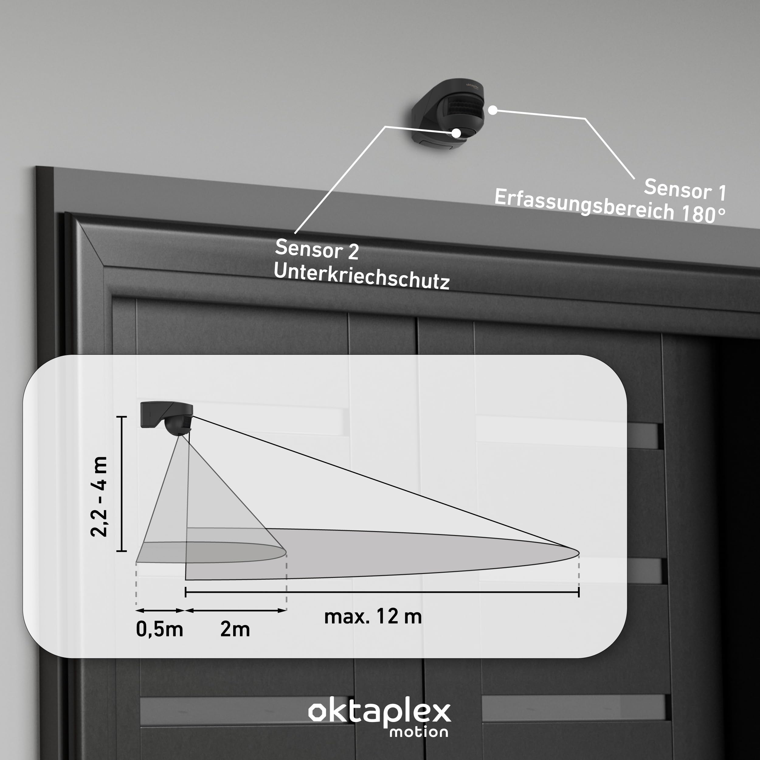 Oktaplex Lea - Juego de 2 detectores de movimiento para exteriores, color antracita | Sensor PIR IP54 de 180 grados, 12 m, montaje en esquina, 230 V, apto para LED