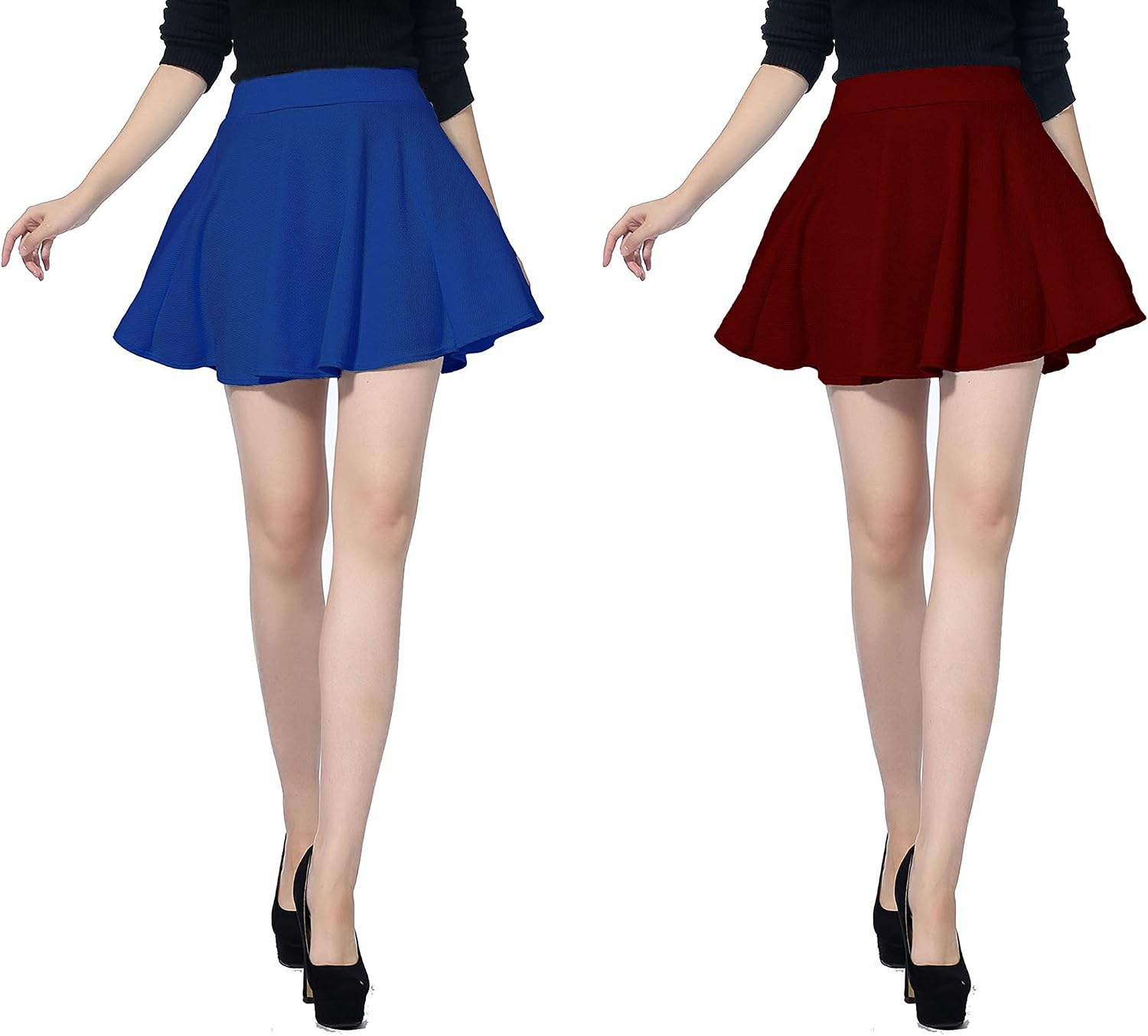 v28 Women Girls Stretch Waist Flared Plain Pleated Casual Mini Skater Skirt