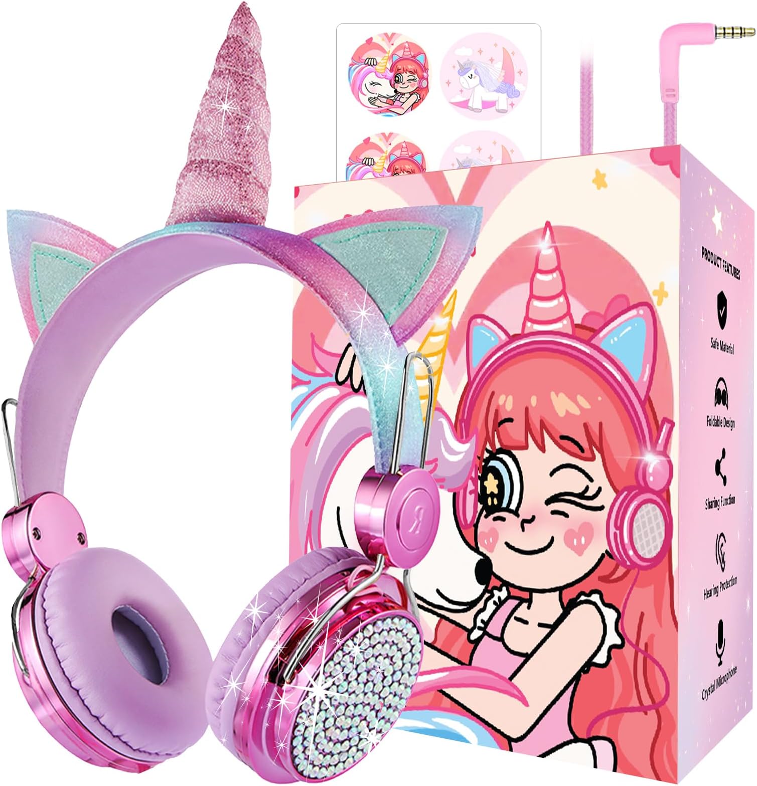 Kids Unicorns Headphones with Mic for School/Travel,95dB Volume Limited,Shareport,On/Over Ear Wired Headsets with Nylon Cable-Hot Pink