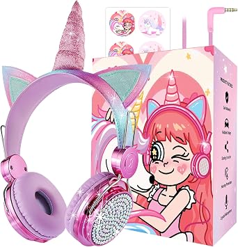 Kids Unicorns Headphones with Mic for School/Travel,95dB Volume Limited,Shareport,On/Over Ear Wired Headsets with Nylon Cable-Hot Pink