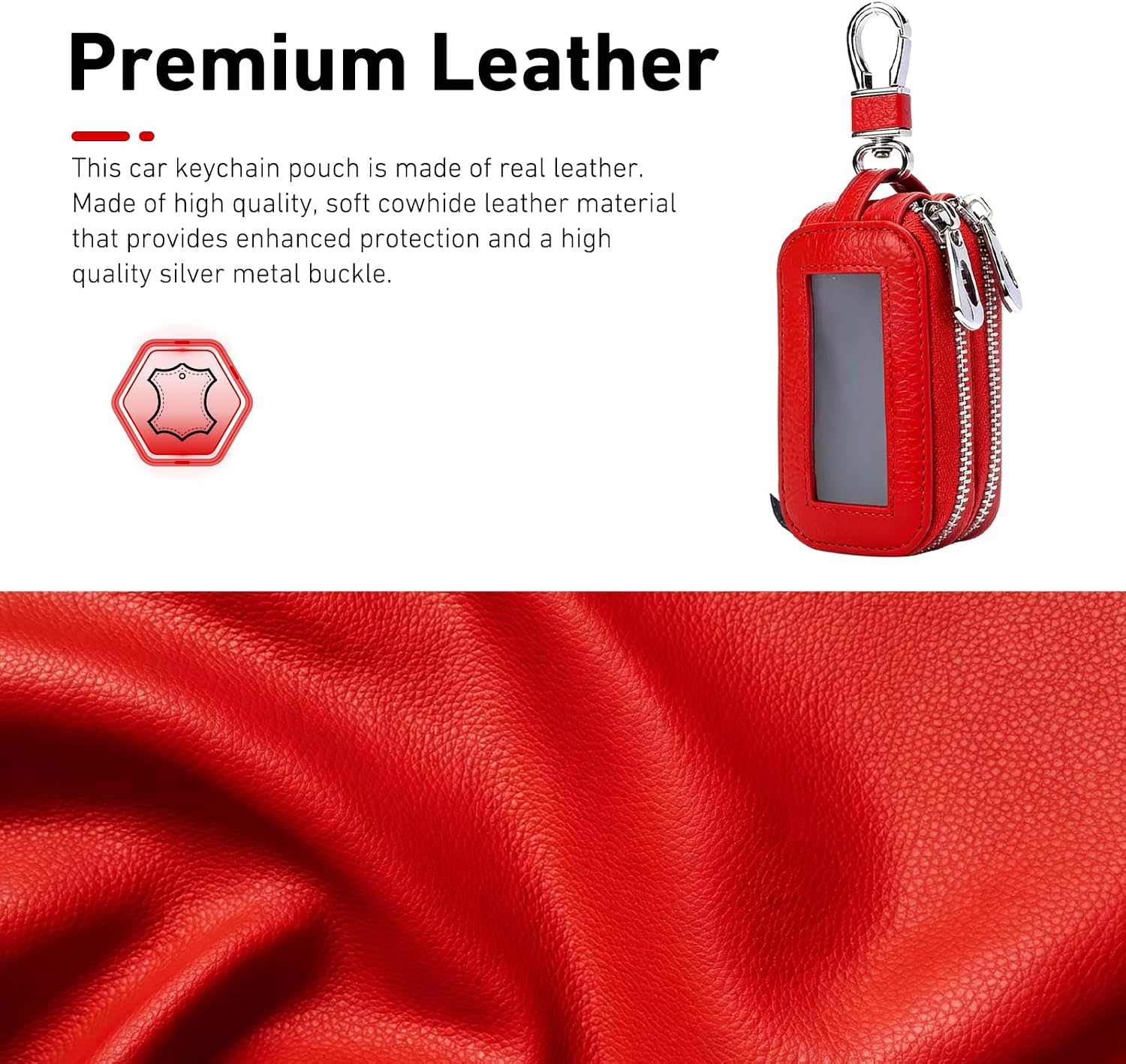 Car Key Fob Case, Double-Layer Genuine Leather Car Key Cover with Metal Hook, Mini Remote Key Fob Holder for Men Women (Red) image 3