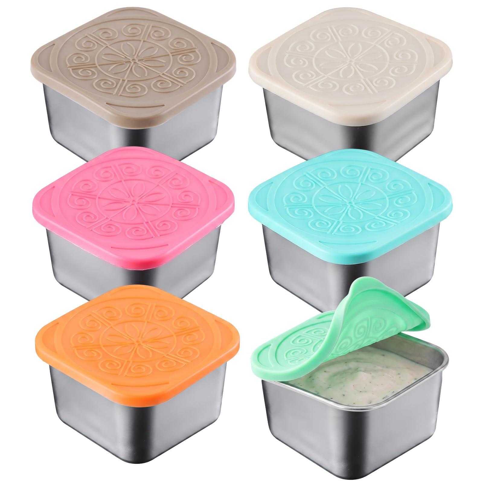 CLKUEH 6 pcs Stainless Steel Food Containers with Silicone Lids, Stainless Steel Snack Pots Square Small Food Containers with Lids Reusable Snack Boxes for Sauce Salad Lunch