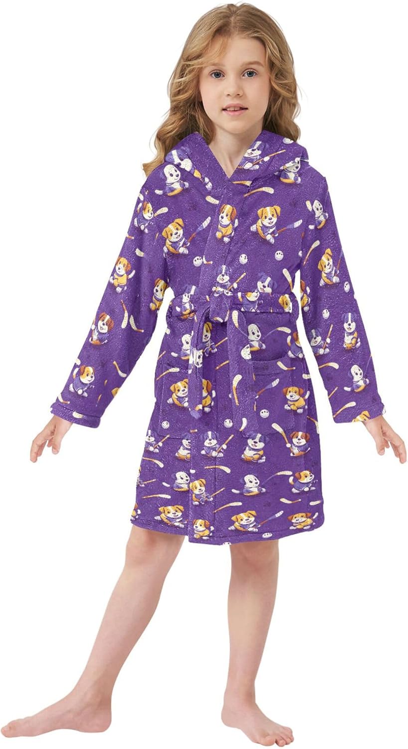 Funny Dog Hockey Sports Bathrobe Hooded PJ Robe Soft Fleece Robe Pajama Sleepwear 2-12 Years