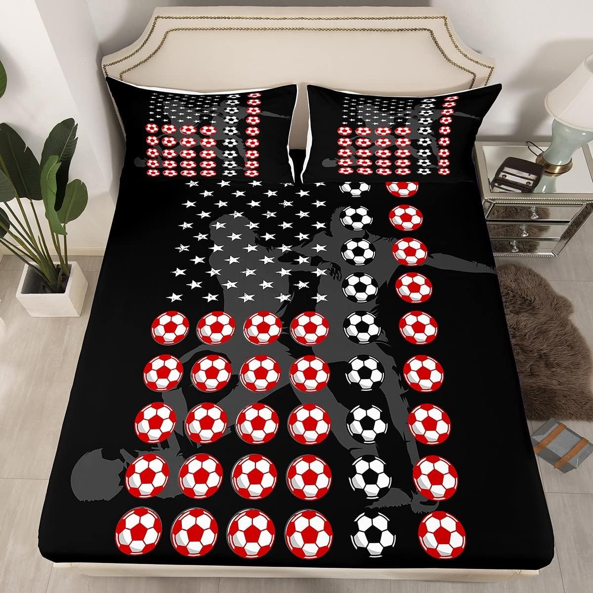 Feelyou Soccer American Flag Bed Sheet Set Boys Ball Games Bedding Fitted Sheet for Kids Boys Girls Soccer Sports Bedding Sheets Star Stripes Bed Cover 1 Bed Sheet Set with 1 Pillowcase Twin