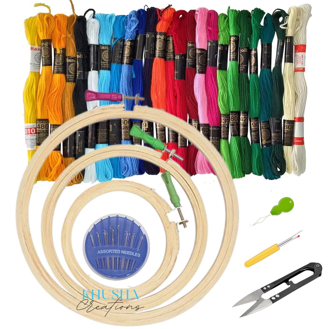 Embroidery Kit for Beginners with 3 Wooden Hoops (8", 6", 5"), 15 Color Threads, 20 Needles,1 Thread Cutter, 1 Seam Ripper 1 Threader – DIY Stitching & Needlework Set for Hand Embroidery & Hoop Art