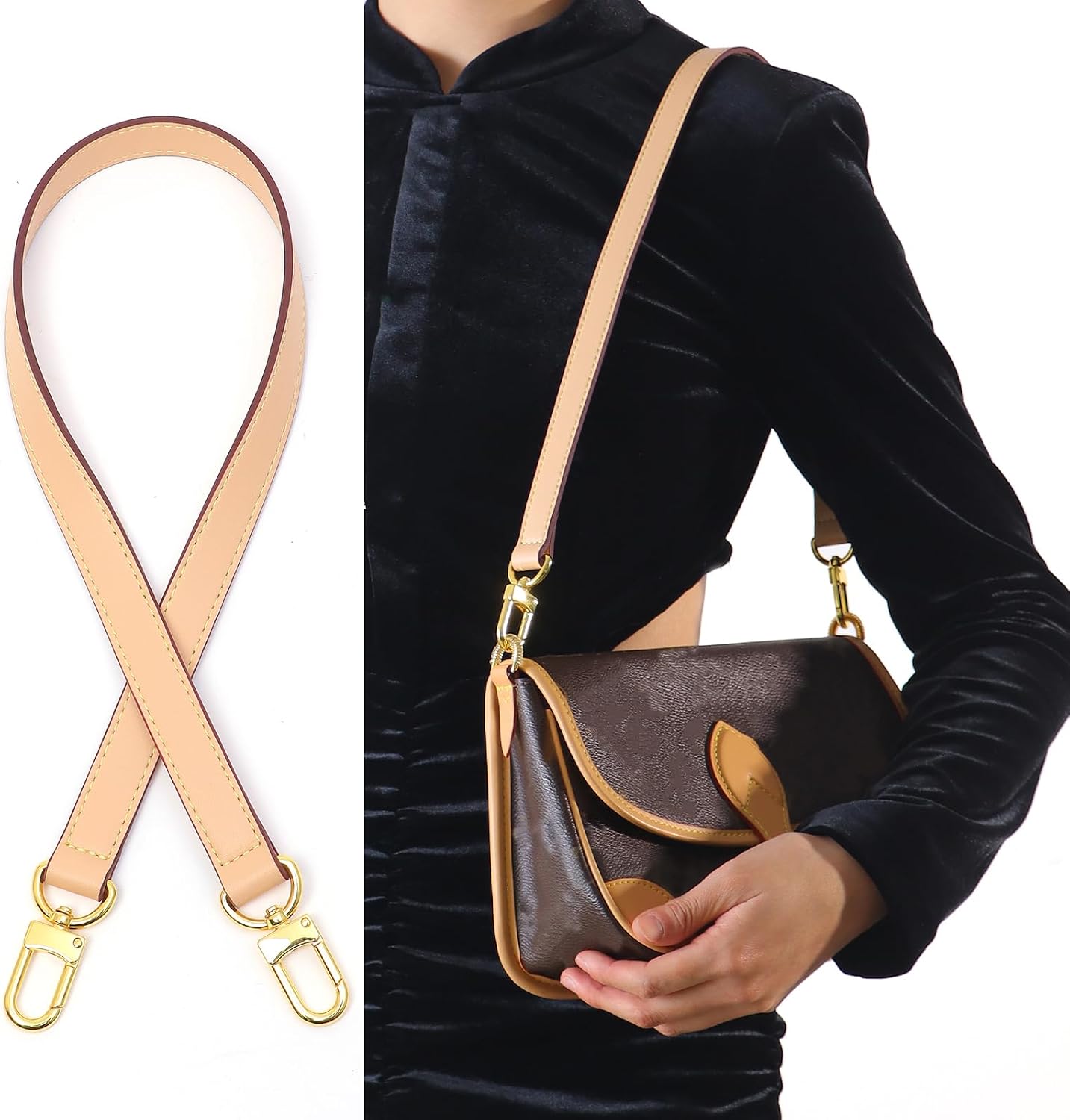 Vachetta Leather Replacement Bags Wide Strap Shoulder Short Straps for Speedy Graceful Pochette Diane or Handbag (Apricot)