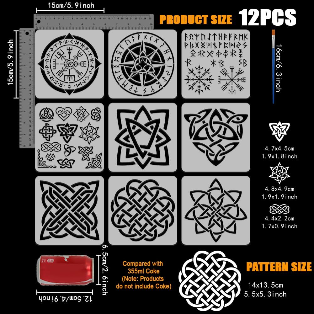 FINGERINSPIRE 9Pcs Viking Theme Painting Stencils with a Paintbrush 5.9x5.9 inch Different Celtic Knots Stencil Viking Symbols Stencil Reusable Compass Stencils for Painting on Wood Wall Card Fabrics