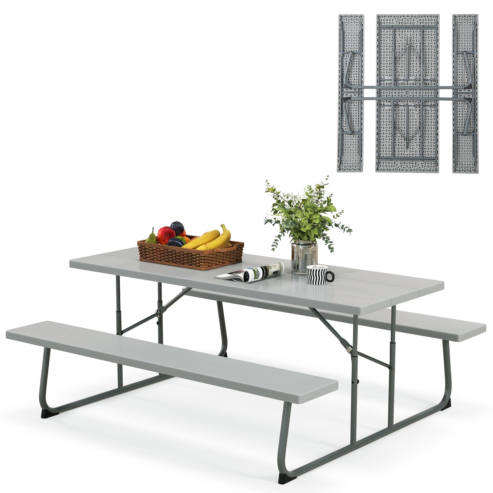GIANTEX Set tavolo da picnic con panchine, set di mobili da giardino pieghevole per 8 persone con telaio in metallo piano in HDPE, 183 cm foro per ombrellone, grigio