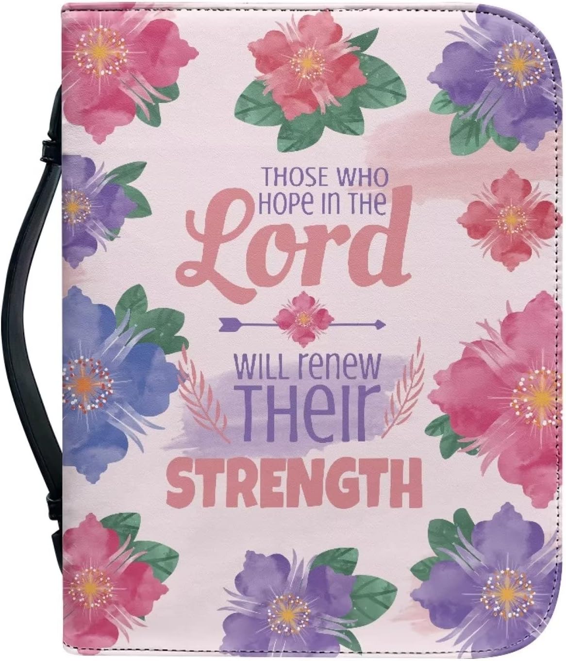 COEQINE Pink Leather Bible Cover with Handles for Women, Flower Print Church Bag with Multi-Functional Phone Pencil Pocket Size M