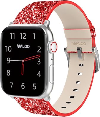 WALOO Genuine Leather Bling Glitter Sparkly Replacement Watch Band Compatible With Your Apple Watch Series 10/9/8/7/6/5/4/3/2/1/SE/Ultra Fits Sizes 38mm, 40mm, 41mm, 42mm, 44mm, 45mm, 46mm, 49mm