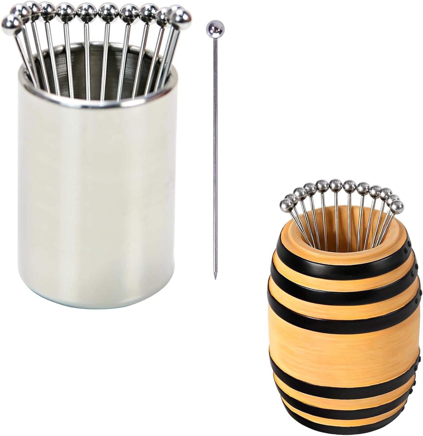 Lexenic 4.3" Metal Cocktail Picks 12Pack+Holder Kit, Exclusive Cocktail Picks with Bar Ornament Barrel Holder