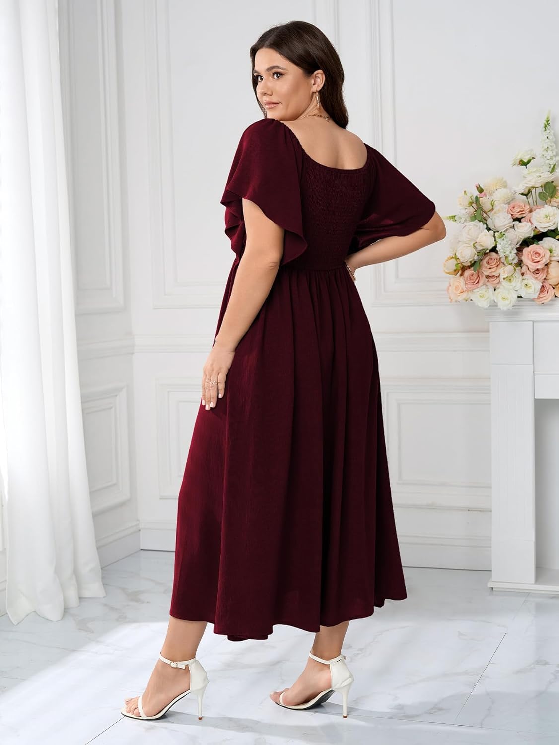 SCOMCHIC Women Plus Size Dresses Short Sleeve Sweetheart Neckline Wedding Guest Cocktail Smocked A Line Slit Maxi Dress - Image 6