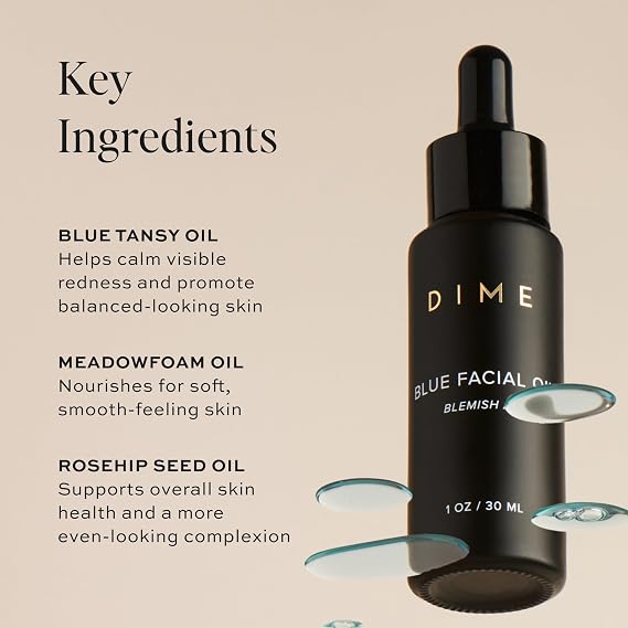 DIME Beauty Blue Facial Oil - Blemish Spot Treatment for Acne-Prone Skin with Blue Tansy, Black Cumin Seed and Rosehip Oil, Hydrating, Vegan and Cruelty-Free Face Oil, 1 oz / 30 ml