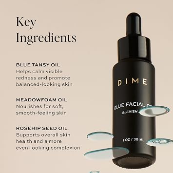 DIME Beauty Blue Facial Oil - Blemish Spot Treatment for Acne-Prone Skin with Blue Tansy, Black Cumin Seed and Rosehip Oil, Hydrating, Vegan and Cruelty-Free Face Oil, 1 oz / 30 ml