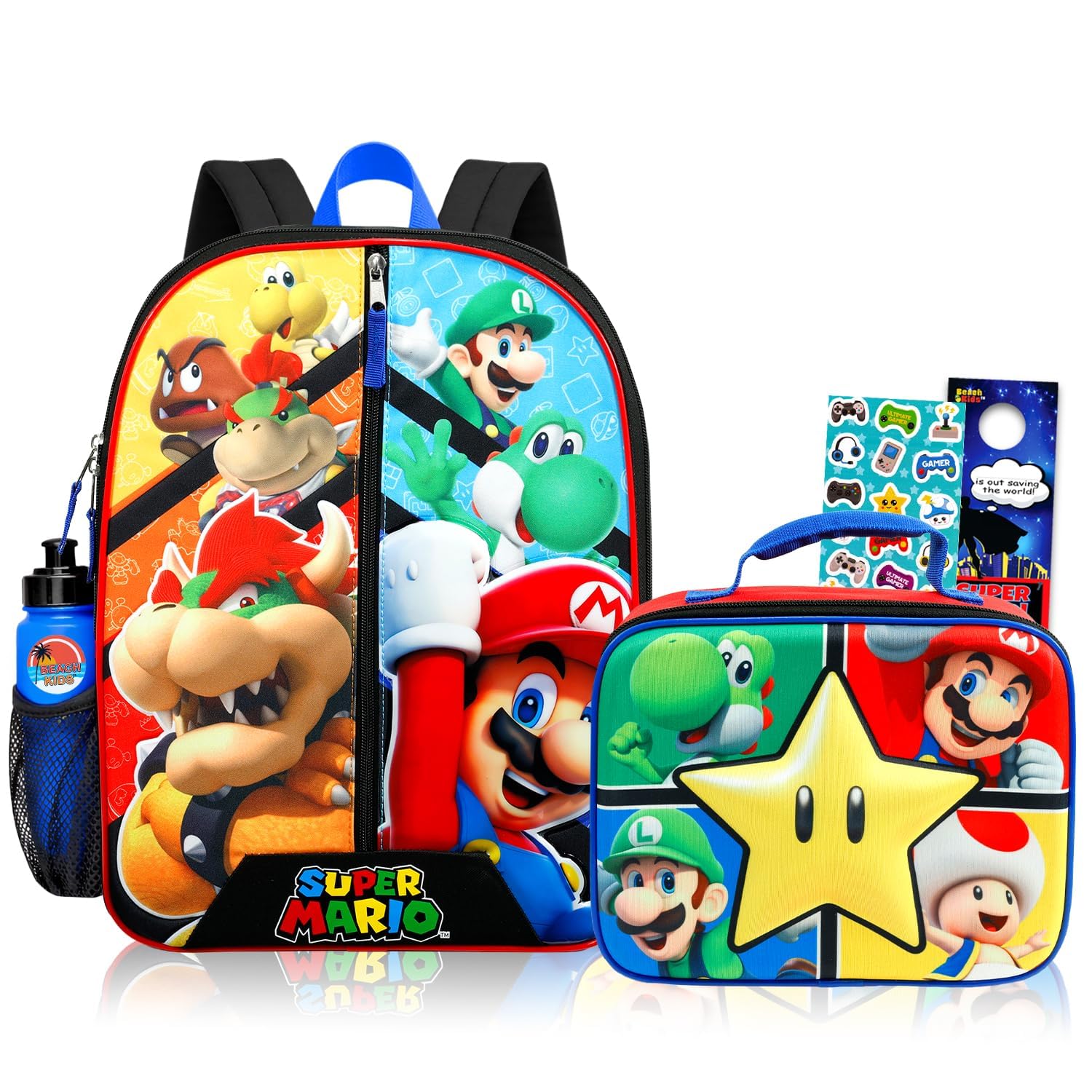 Sac à dos Super Mario avec boîte à déjeuner gourmande et gourde pour enfants de 4 à 6 ans