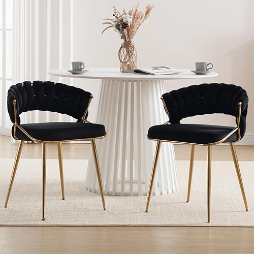 Miniatura 2 de DUOMAY Juego de 4 sillas de comedor de terciopelo, sillas de comedor tejidas con patas de metal dorado, silla decorativa tapizada moderna para
