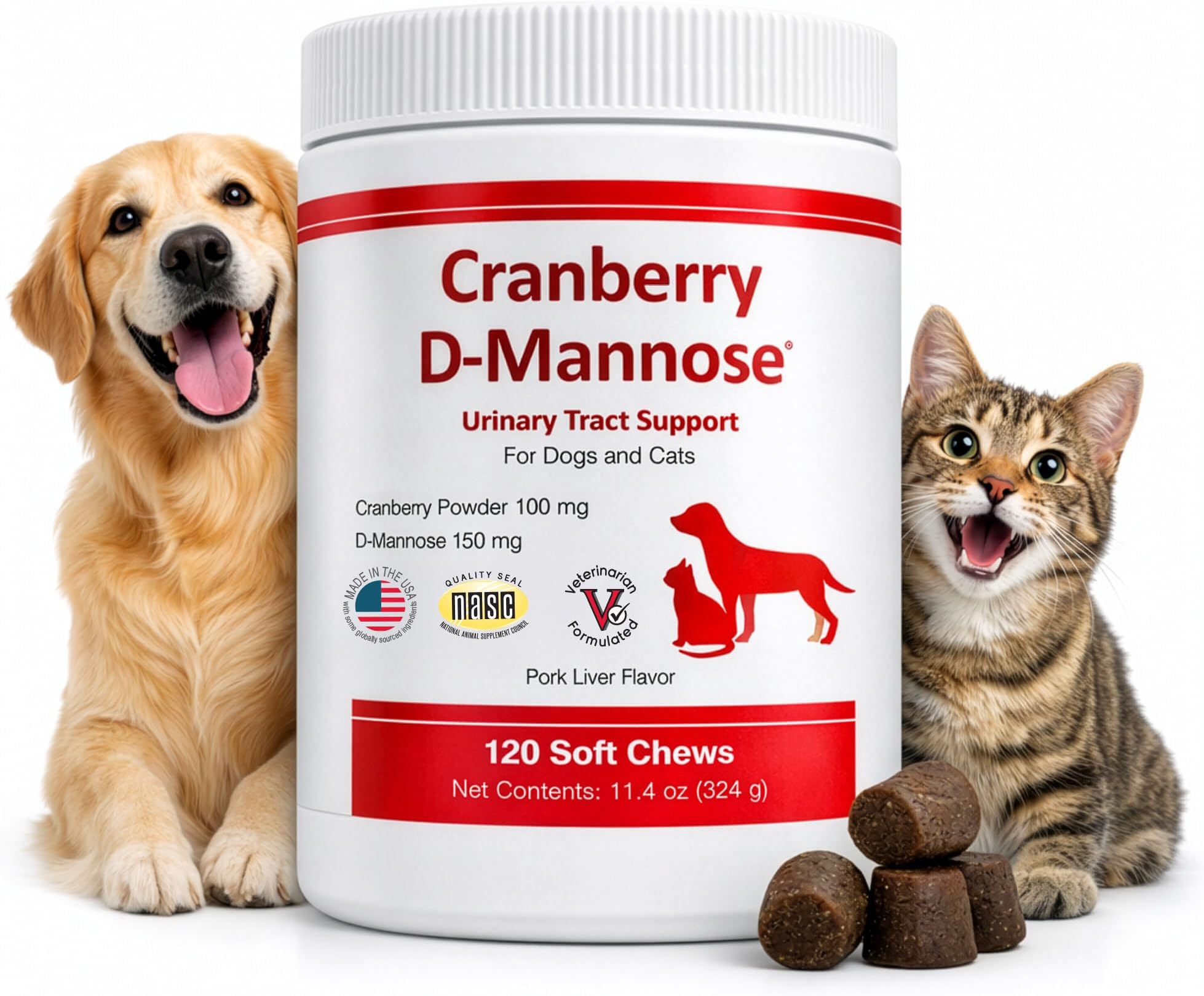 Cranberry D-Mannose Urinary Tract Support Supplement for Cats and Dogs - Cranberry Extract, D-Mannose, Vitamin C - Bladder and UTI Treatment - Made in USA - 120 Soft Chews