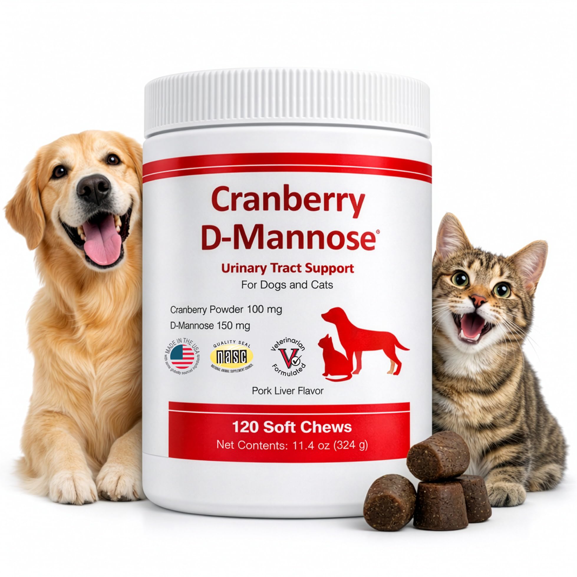 Cranberry D-Mannose Urinary Tract Support Supplement for Cats and Dogs - Cranberry Extract, D-Mannose, Vitamin C - Bladder and UTI Treatment - Made in USA - 120 Soft Chews