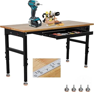 GarveeTech Workbench, 60 in x 24 in Adjustable Workbench with Power Outlet, Scale, Drawer, Pegboard and 6 Hooks, 2200 LBS Load Capacity, 8 Adjustable Height Worktable for Garage, Office, Home