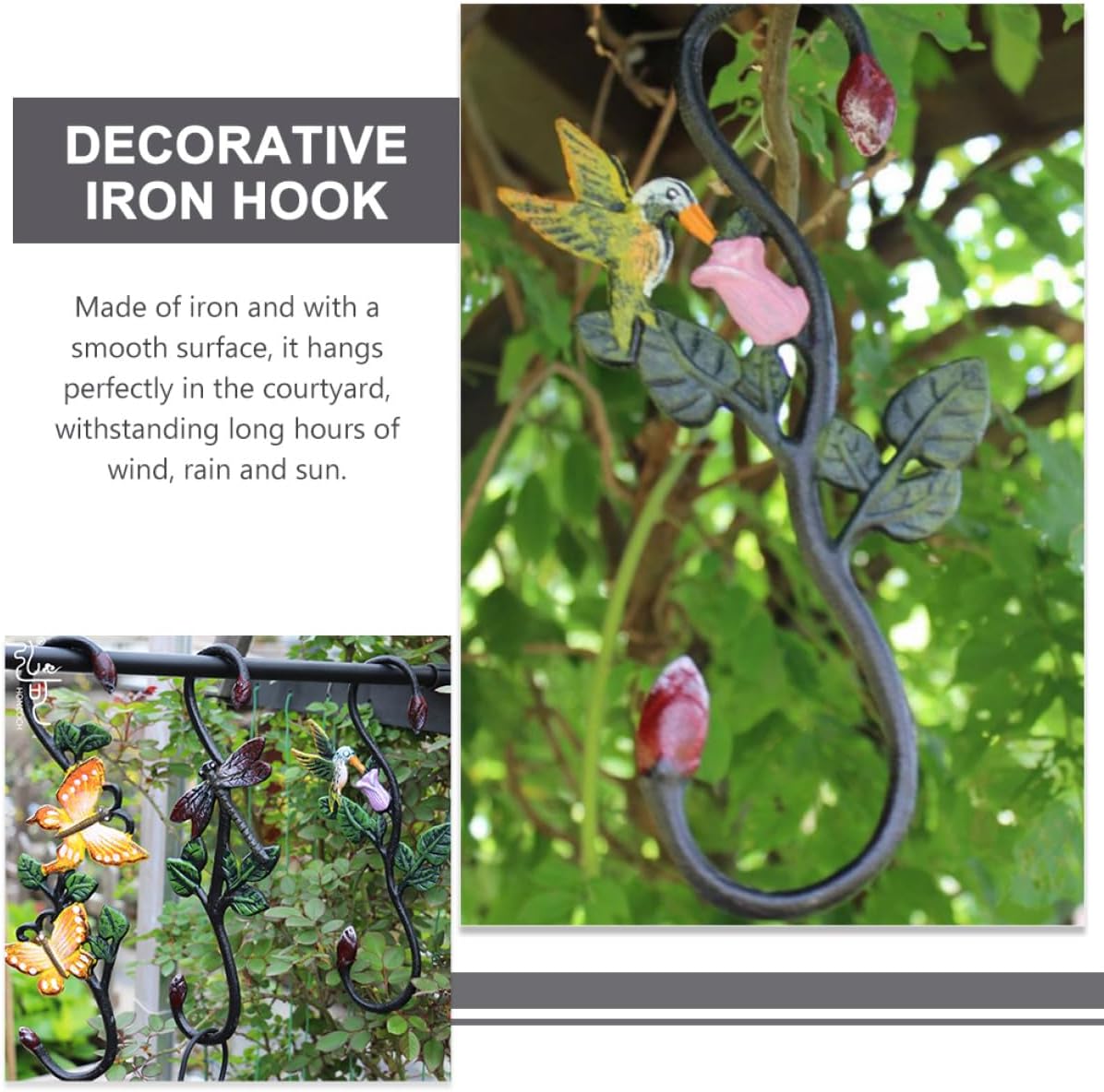 Cast Iron Hummingbird S-Shaped Hanging Hook for Bird Feeders and Planters Outdoor Garden Heavy Duty Decorative Plant Hanger
